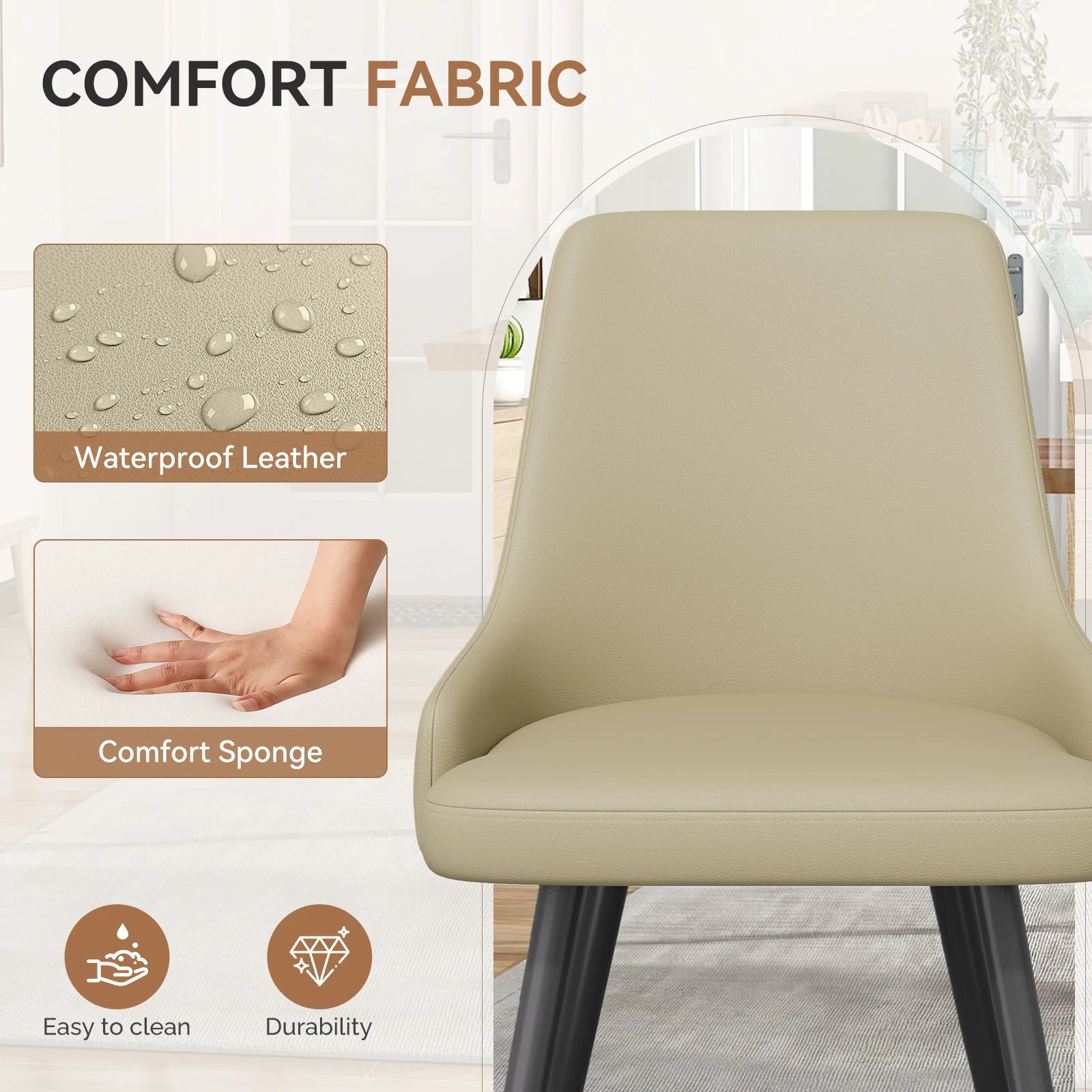 Casae Modern Dining Chair Set of 2 Faux Leather Upholstered Chairs with Metal Legs for Dining Room