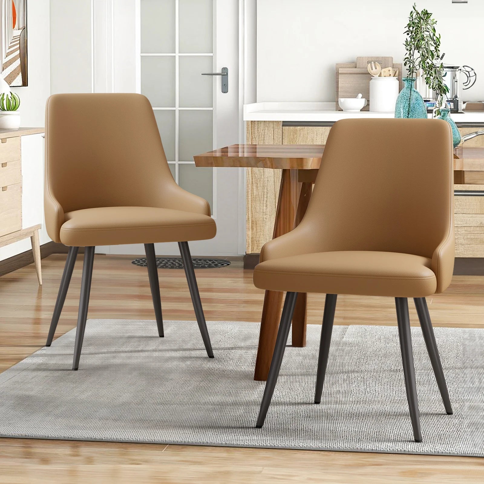 Casae Modern Dining Chair Set of 2 Faux Leather Upholstered Chairs with Metal Legs for Dining Room