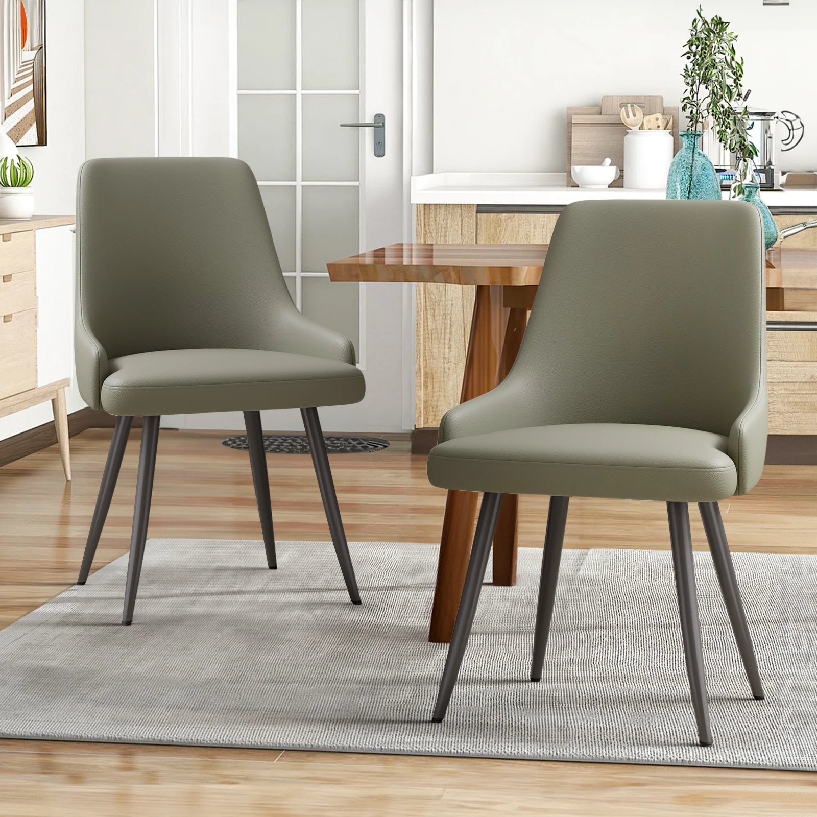 Casae Modern Dining Chair Set of 2 Faux Leather Upholstered Chairs with Metal Legs for Dining Room