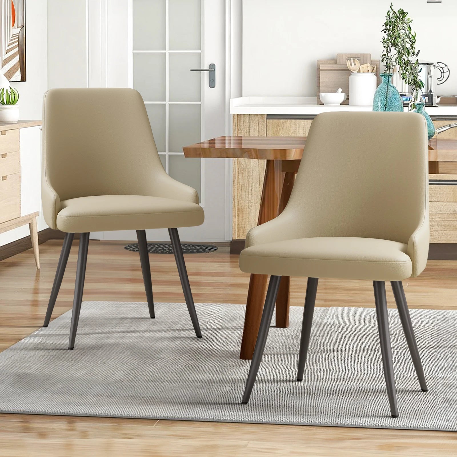 Casae Modern Dining Chair Set of 2 Faux Leather Upholstered Chairs with Metal Legs for Dining Room