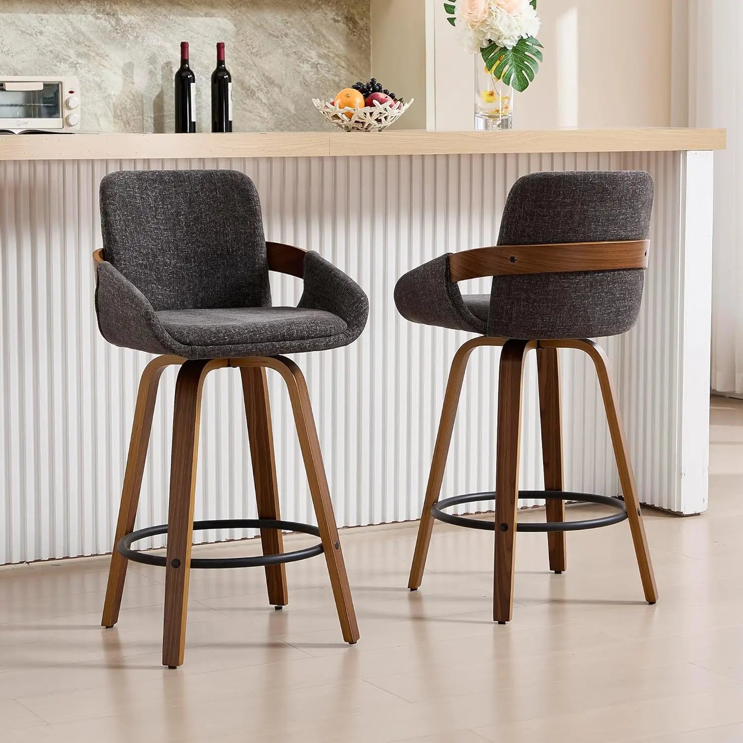 Bar Stool Set of 2, Fabric Counter High Stools with Back and Armrest 360° Swivel Walnut Bar Chair for Kitchen Island Home Dining