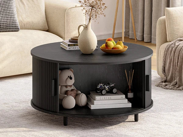 Casae Round Coffee Table With Storage 31.5 Modern Living Room Table With 360 Degree Curved Sliding Door Fluted Wood