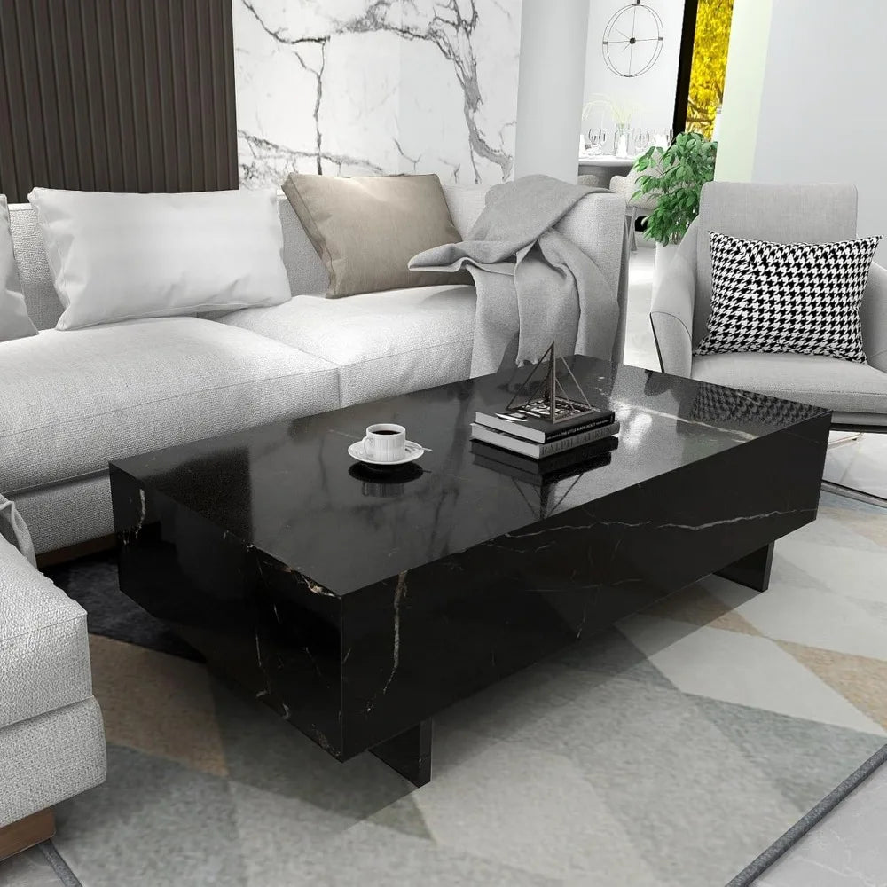 Marble Rectangle Coffee Tables for Living Room,Black Modern Side Table,Contemporary High Gloss Elegant Center Table for Waiting