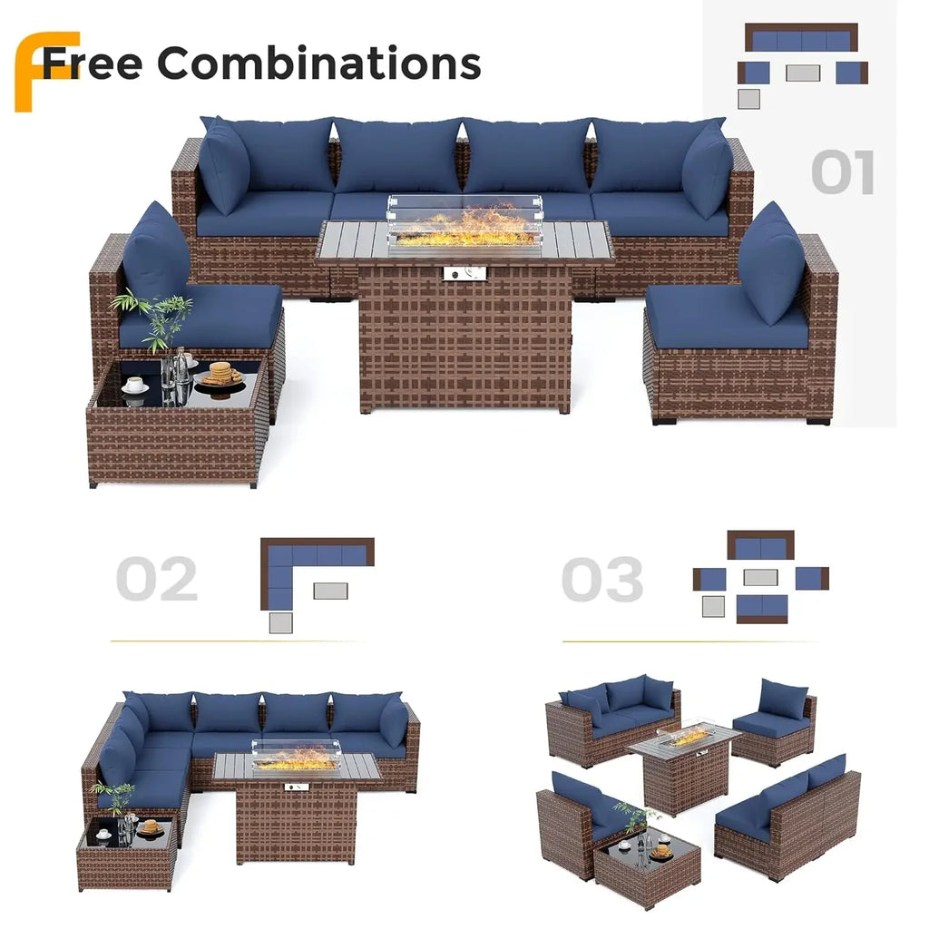 Furniture Set with Fire Pit Table, 8 Piece Sectional Sofas, All-Weather Wicker Conversation for Garden, Backyard,, Customized