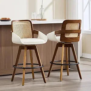 Bar Stool Set of 2, Fabric Counter High Stools with Back and Armrest 360° Swivel Walnut Bar Chair for Kitchen Island Home Dining