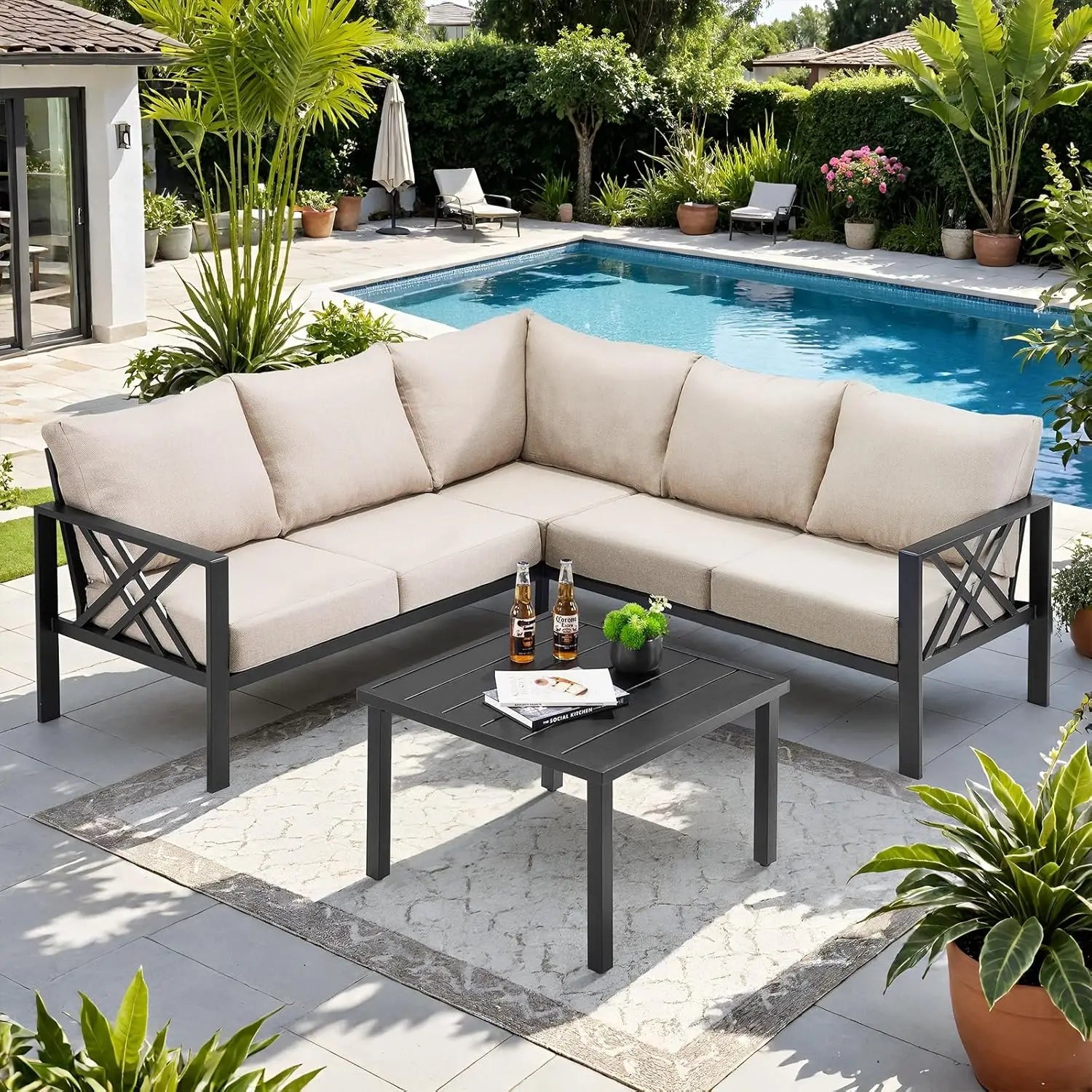 "Patio Furniture Set, 6-Piece Metal Sectional Sofa with Coffee Table – L-Shaped Outdoor Couch Featuring Olefin Cushions"