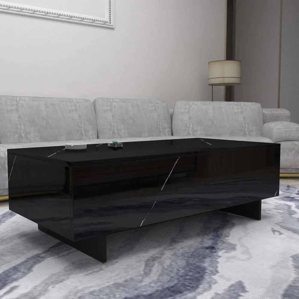 Marble Rectangle Coffee Tables for Living Room,Black Modern Side Table,Contemporary High Gloss Elegant Center Table for Waiting