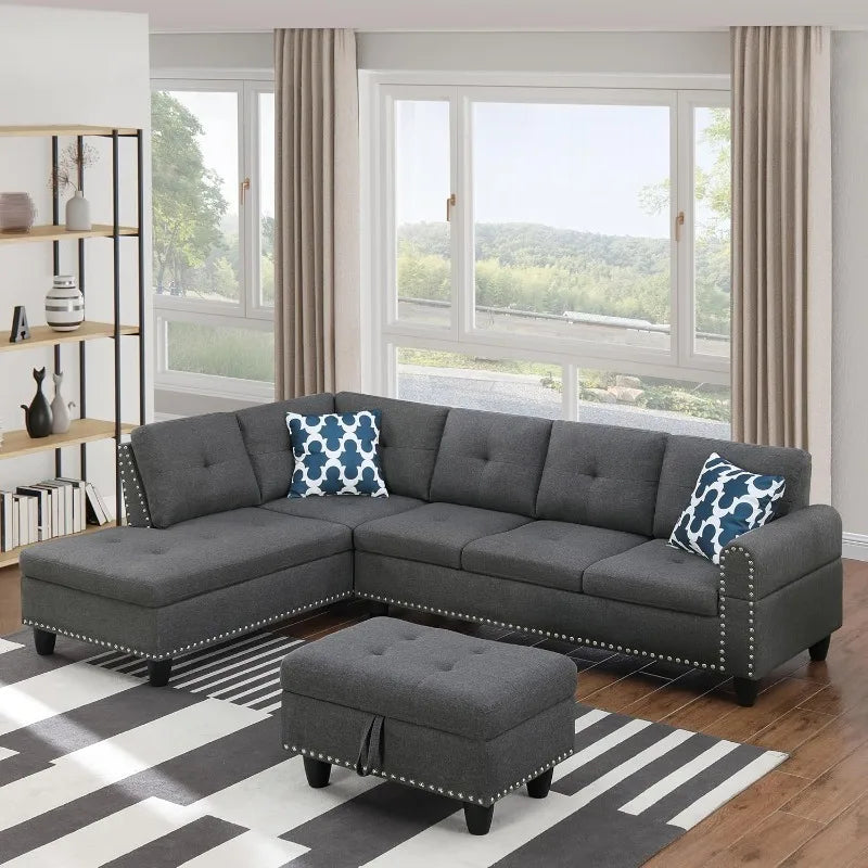 Aurello Linen L-Shape Sectional with Ottoman