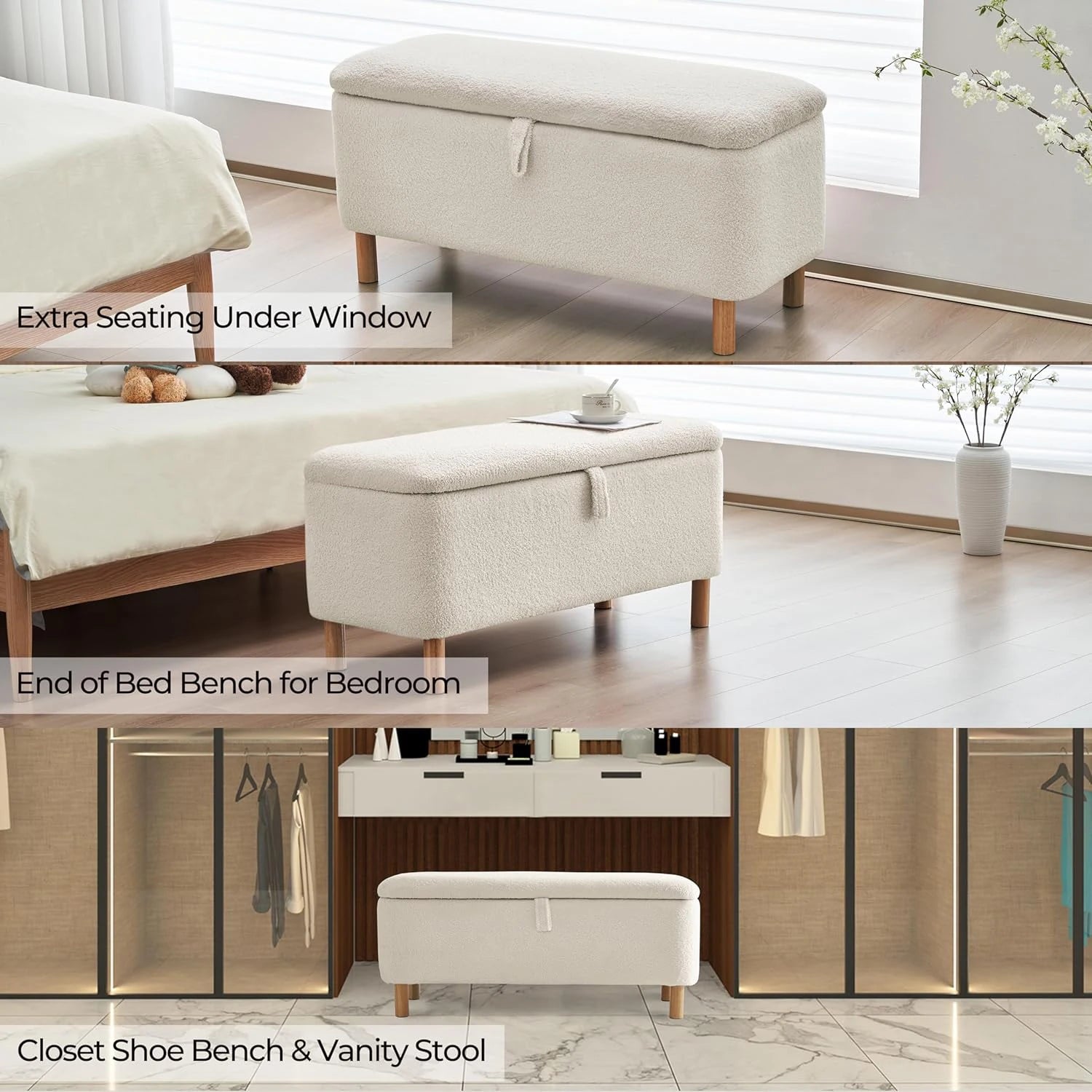 Boucle Storage Ottoman Bench Upholstered Shoe Seat for Bedroom With Wood Frame and High-Density Foam