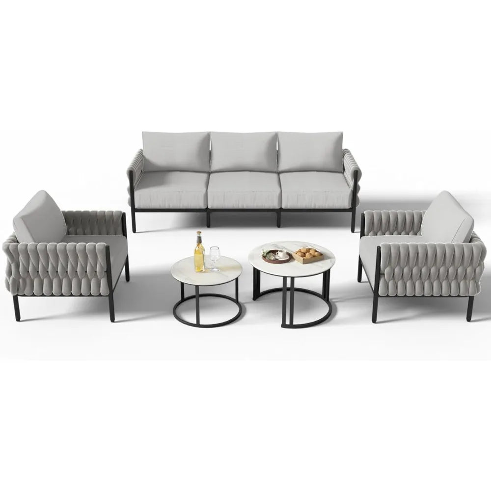 5-Piece Modern Metal Patio Furniture Set - Rope-Woven Outdoor Deep-Seat Conversation Sofa with 6.3" Thick Cushions & Dual Nestin