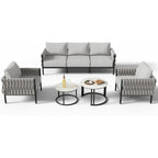 5-Piece Modern Metal Patio Furniture Set - Rope-Woven Outdoor Deep-Seat Conversation Sofa with 6.3" Thick Cushions & Dual Nestin