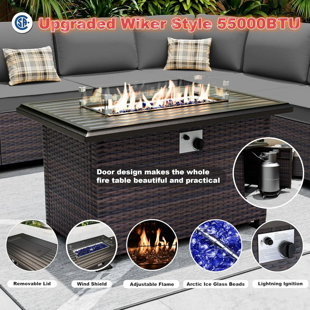 10 Pieces Patio Furniture Set with 2 Swivel Chairs Patio Furniture Outdoor Sectional Sofas with 55000 Gas Fire Pit Patio Convers