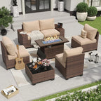 7 Pieces Patio Furniture Set with 44” Fire Pit Table Wicker Rattan Sectional Conversation Set with Coffee Table and 4”
