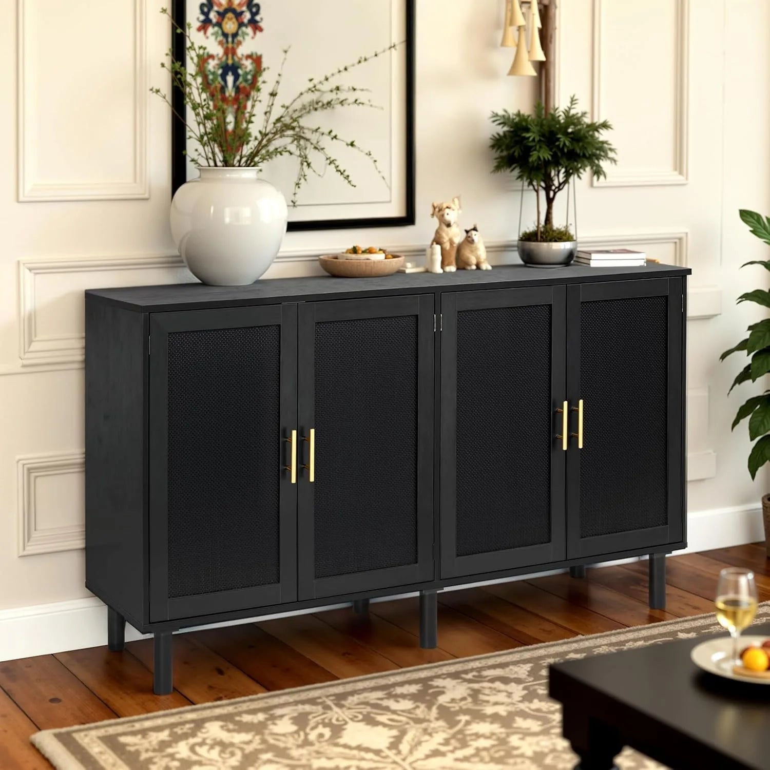 4-Door Sideboard Cabinet For Kitchen Storage With Black Rattan Doors Handwoven Rattan Weaving Six Solid Wood Legs