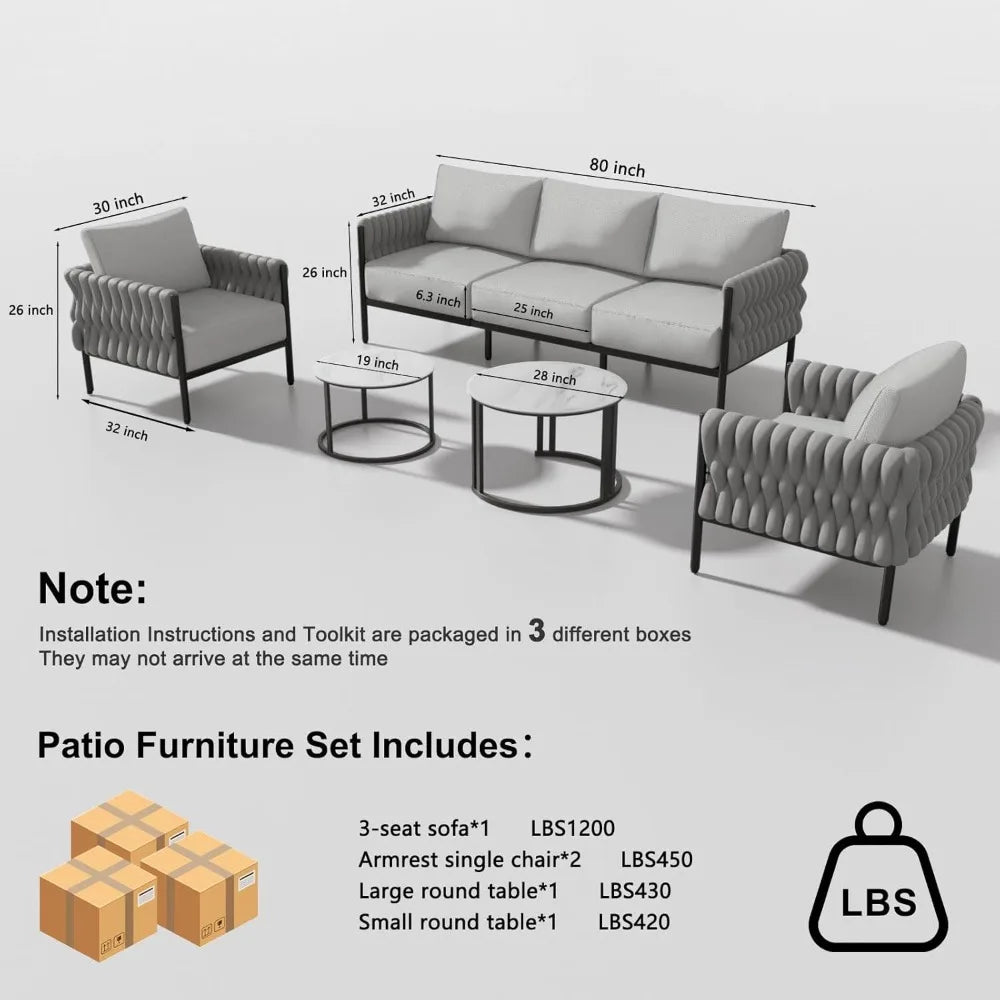 5-Piece Modern Metal Patio Furniture Set - Rope-Woven Outdoor Deep-Seat Conversation Sofa with 6.3" Thick Cushions & Dual Nestin