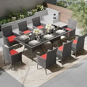 10-Piece Outdoor Dining Set Patio Rattan Furniture Set,Patio Dining Table and Chairs Set with 8 Chairs and Cushions,Square Glas