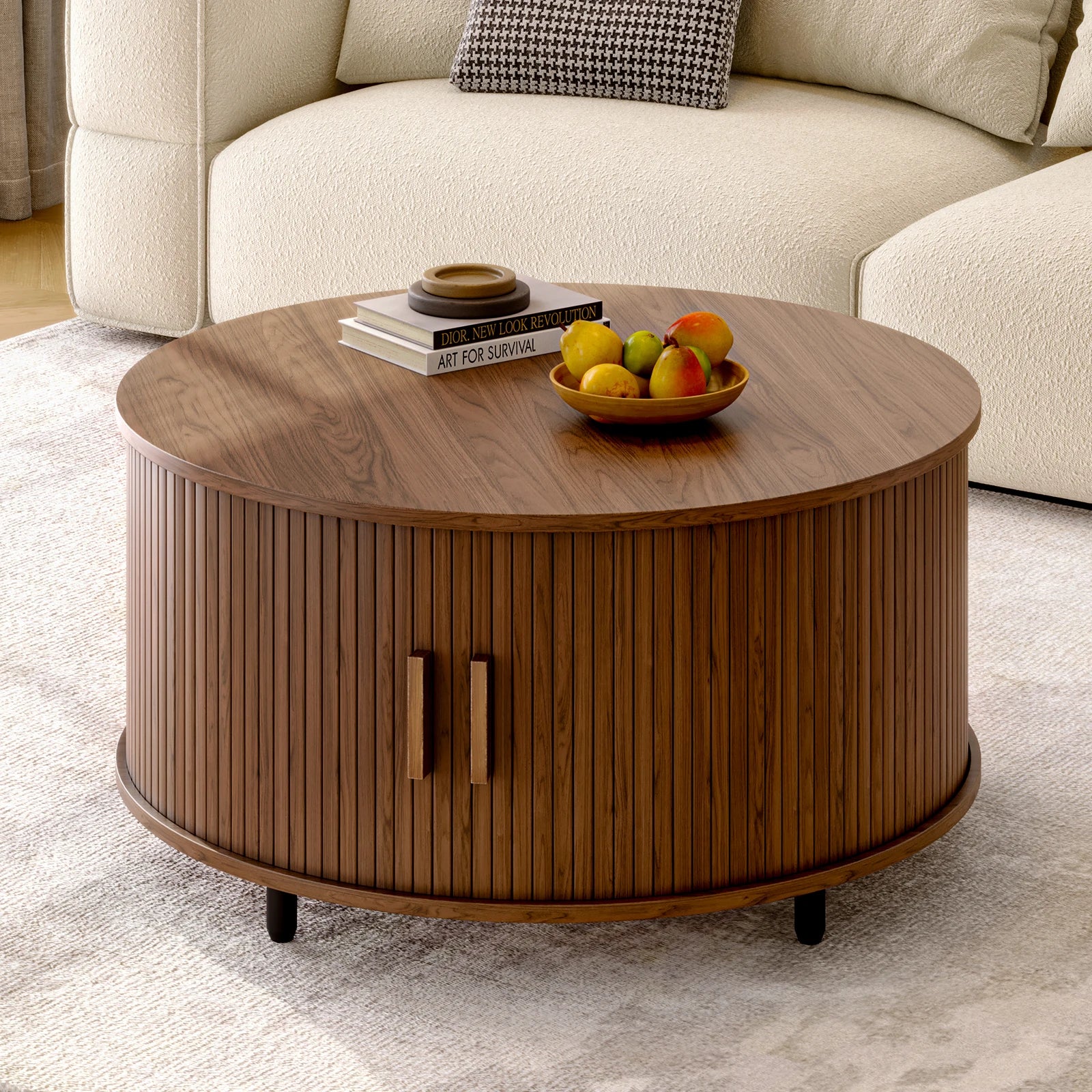 Casae Round Coffee Table With Storage 31.5 Modern Living Room Table With 360 Degree Curved Sliding Door Fluted Wood