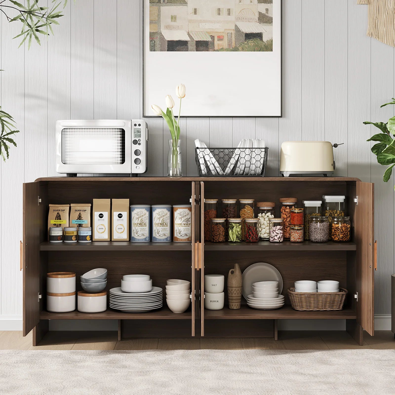 60-Inch Wide Sideboard Buffet Cabinet With Four-Door Storage And Coffee Bar Setup