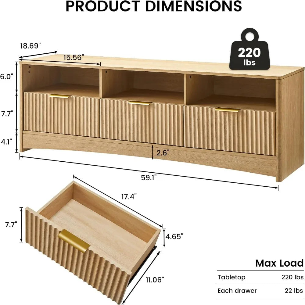 Amada TV Stand for 50-65 Inch TVs With Waveform Panel, 3 Drawers, and Open Storage