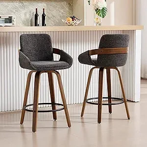 Bar Stool Set of 2, Fabric Counter High Stools with Back and Armrest 360° Swivel Walnut Bar Chair for Kitchen Island Home Dining