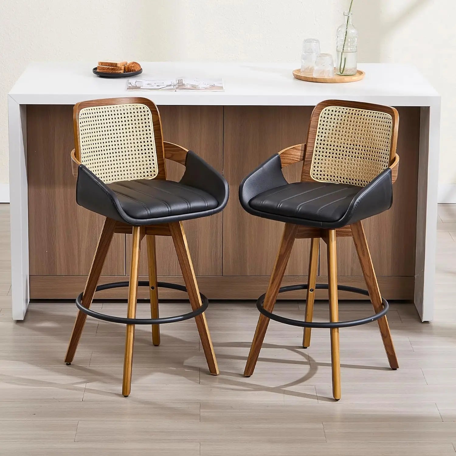 Bar Stool Set of 2, Fabric Counter High Stools with Back and Armrest 360° Swivel Walnut Bar Chair for Kitchen Island Home Dining