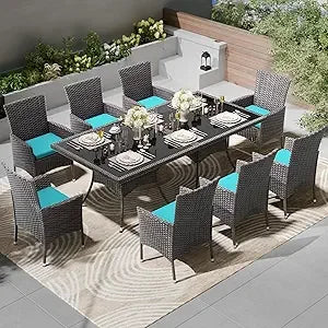 10-Piece Outdoor Dining Set Patio Rattan Furniture Set,Patio Dining Table and Chairs Set with 8 Chairs and Cushions,Square Glas