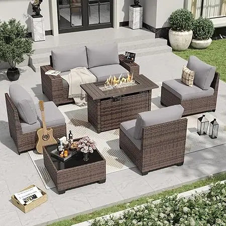 7 Pieces Patio Furniture Set with 44” Fire Pit Table Wicker Rattan Sectional Conversation Set with Coffee Table and 4”