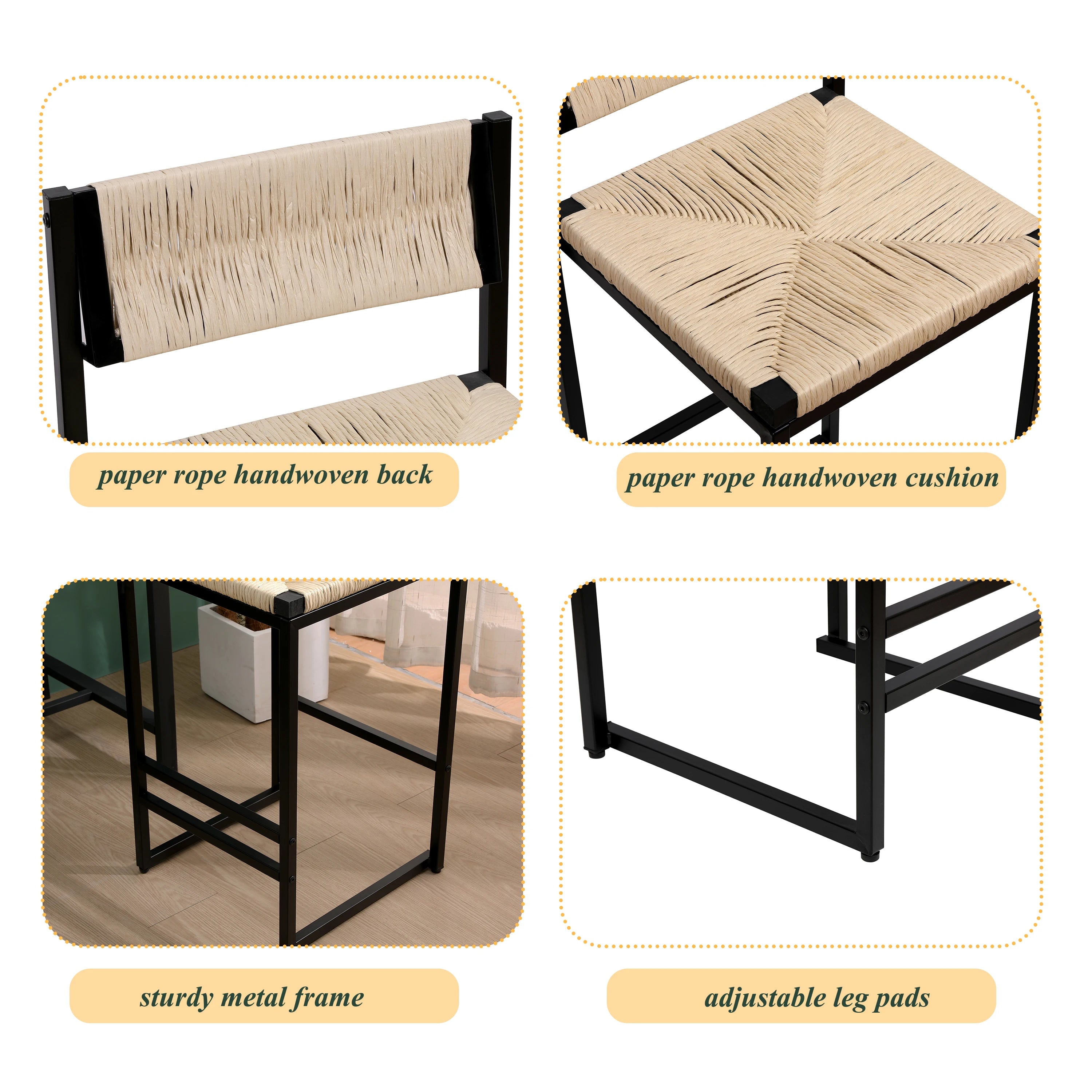 2pcs High Bar Stools Chairs Paper Rope Woven Barstools 220lbs Max Weighing Capacity for Kitchen Dining Room Coffee Shop