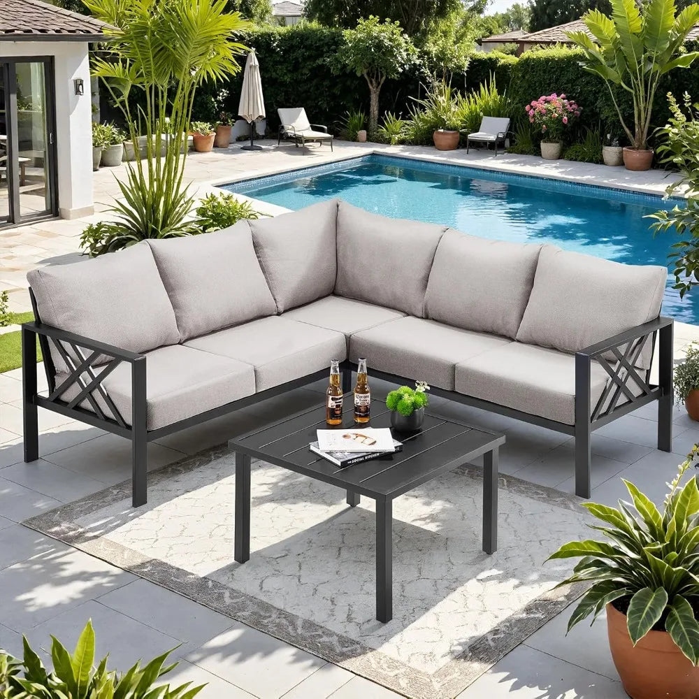 "Patio Furniture Set, 6-Piece Metal Sectional Sofa with Coffee Table – L-Shaped Outdoor Couch Featuring Olefin Cushions"