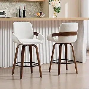 Bar Stool Set of 2, Fabric Counter High Stools with Back and Armrest 360° Swivel Walnut Bar Chair for Kitchen Island Home Dining