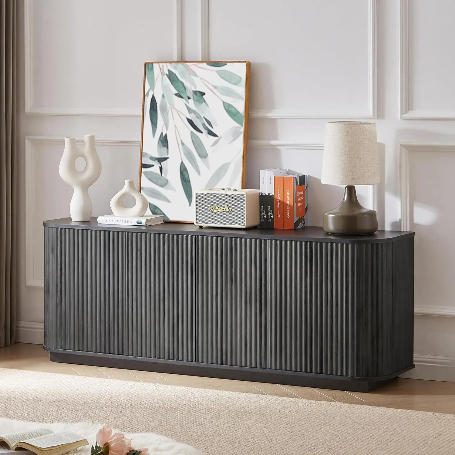 Fluted TV Stand For 75 Inch TVs With Ample Storage And Modern Living Room Console Cabinet