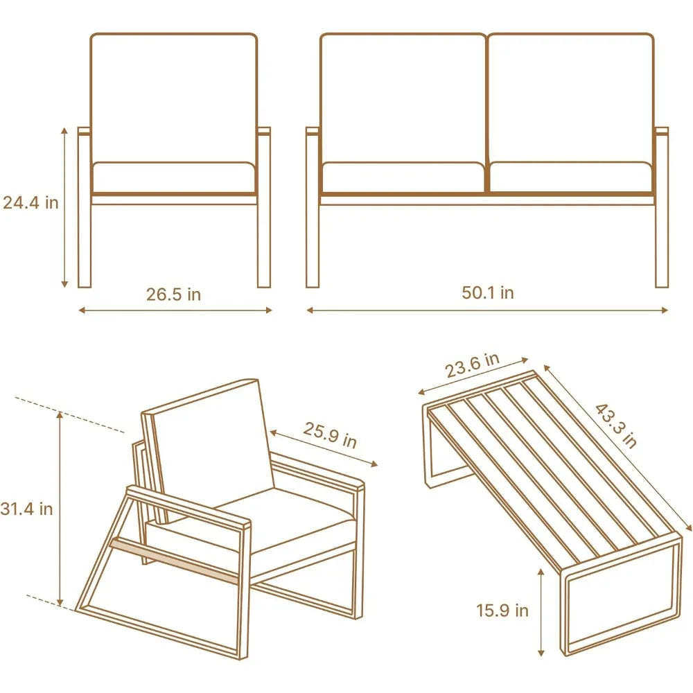 4-Piece Outdoor Patio Furniture Set with Coffee Table and Removable Cushions, Metal Patio Conversation Set for Family, Yard
