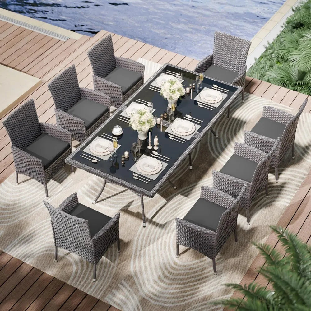 10-Piece Outdoor Dining Set Patio Rattan Furniture Set,Patio Dining Table and Chairs Set with 8 Chairs and Cushions,Square Glas