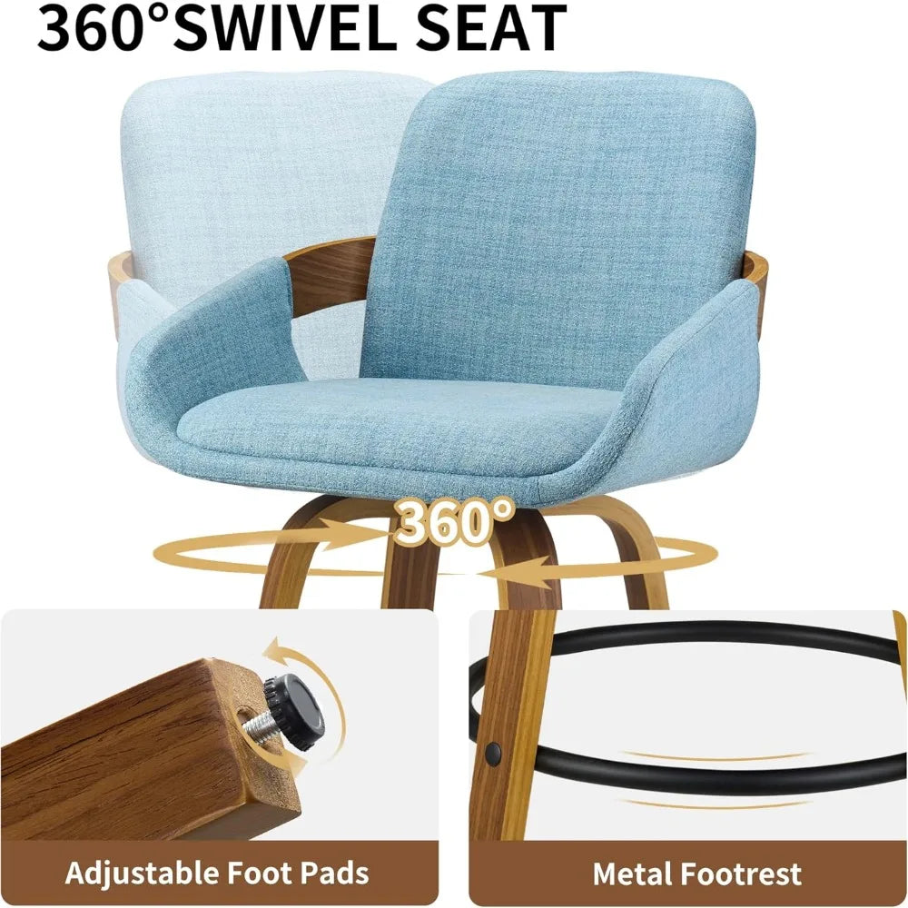 Bar Stool Set of 2, Fabric Counter High Stools with Back and Armrest 360° Swivel Walnut Bar Chair for Kitchen Island Home Dining
