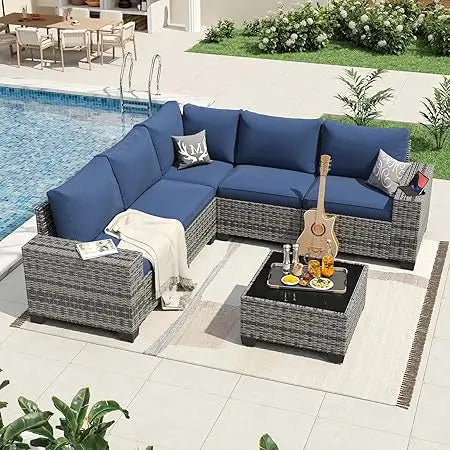 7 Pieces Patio Furniture Set with 44” Fire Pit Table Wicker Rattan Sectional Conversation Set with Coffee Table and 4”
