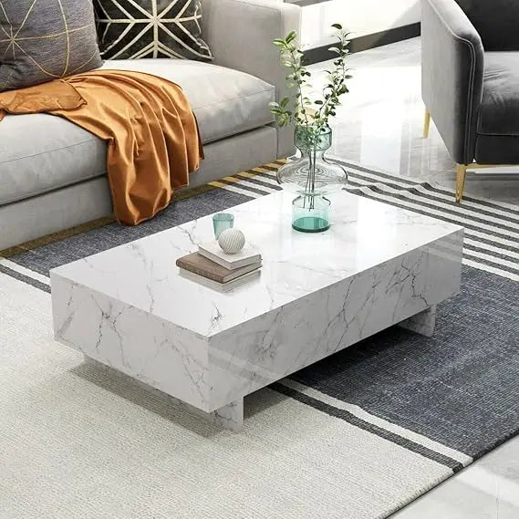 Marble Rectangle Coffee Tables for Living Room,Black Modern Side Table,Contemporary High Gloss Elegant Center Table for Waiting