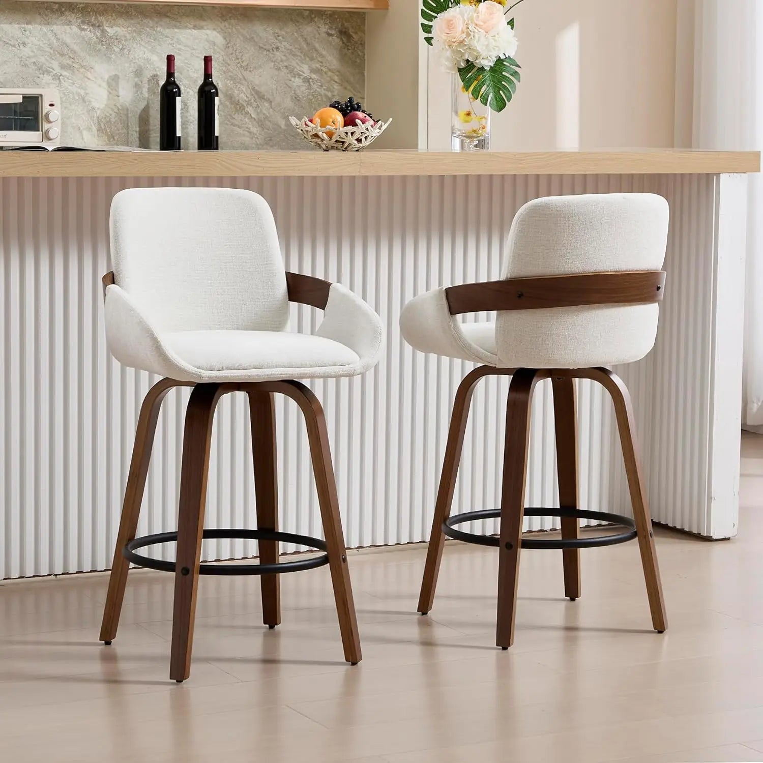 Bar Stool Set of 2, Fabric Counter High Stools with Back and Armrest 360° Swivel Walnut Bar Chair for Kitchen Island Home Dining