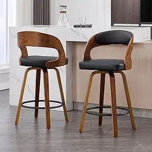 Bar Stool Set of 2, Fabric Counter High Stools with Back and Armrest 360° Swivel Walnut Bar Chair for Kitchen Island Home Dining