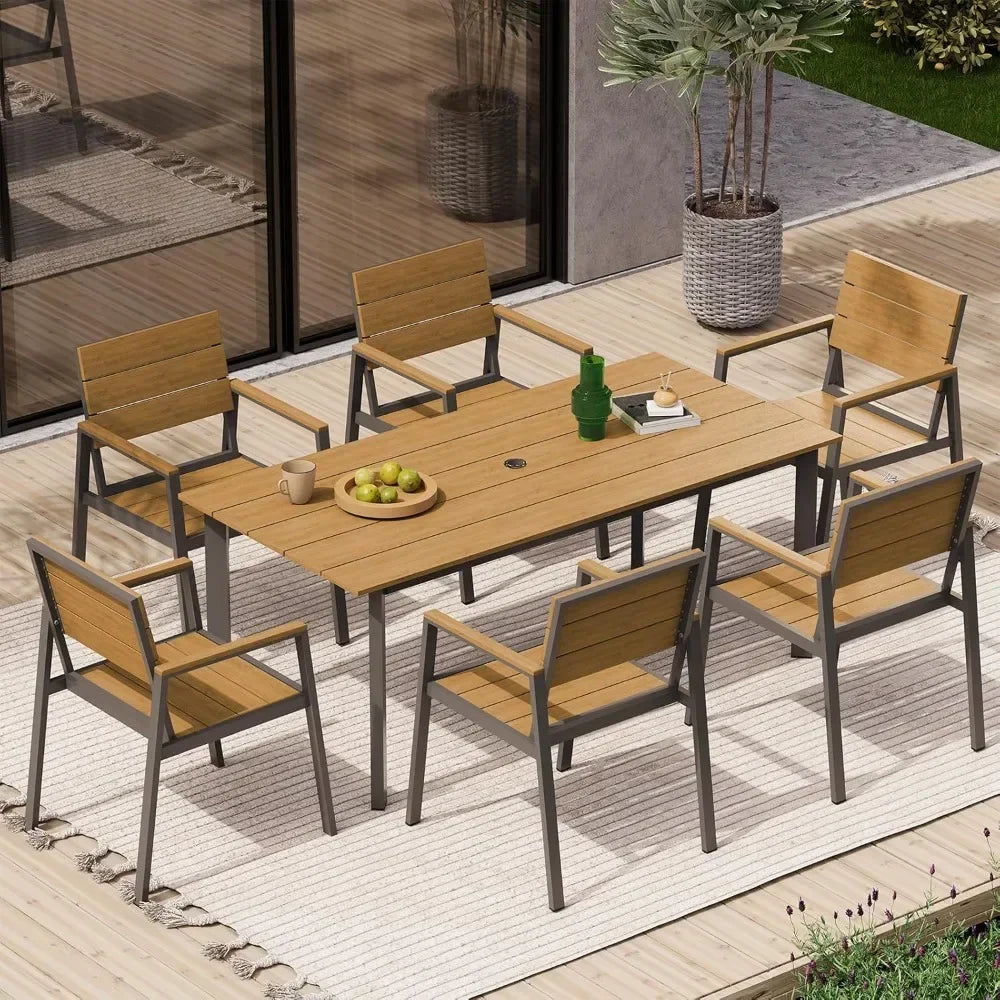 Outdoor Patio Dining Table Sets 7-Piece Aluminum and HDPS All-Weather Table and Chairs with Umbrella Hole,Patio Modern Furniture