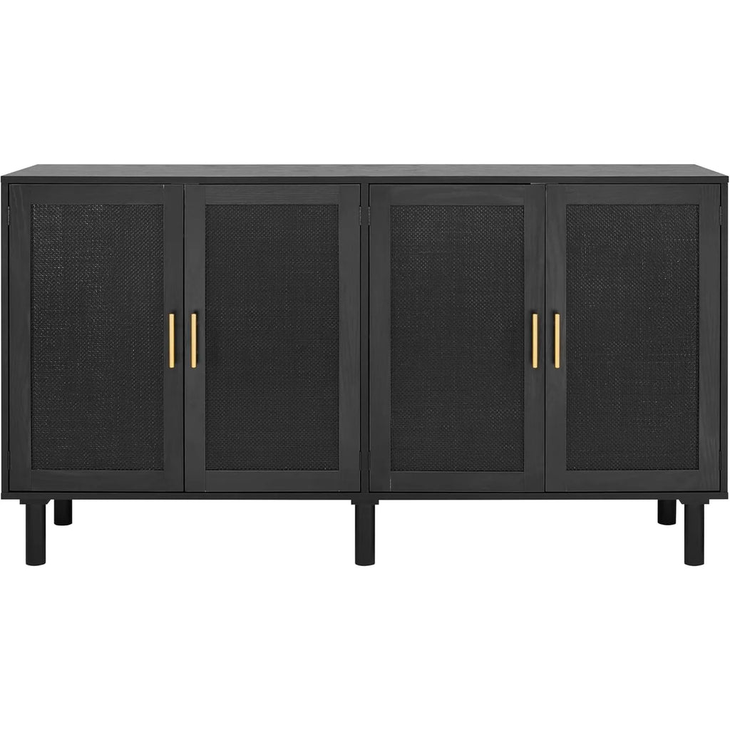 4-Door Sideboard Cabinet For Kitchen Storage With Black Rattan Doors Handwoven Rattan Weaving Six Solid Wood Legs