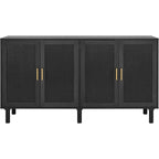 4-Door Sideboard Cabinet For Kitchen Storage With Black Rattan Doors Handwoven Rattan Weaving Six Solid Wood Legs