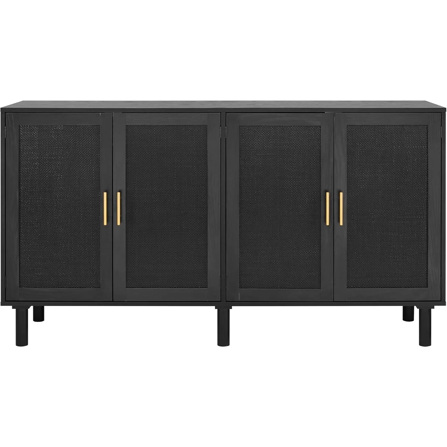 4-Door Sideboard Cabinet For Kitchen Storage With Black Rattan Doors Handwoven Rattan Weaving Six Solid Wood Legs