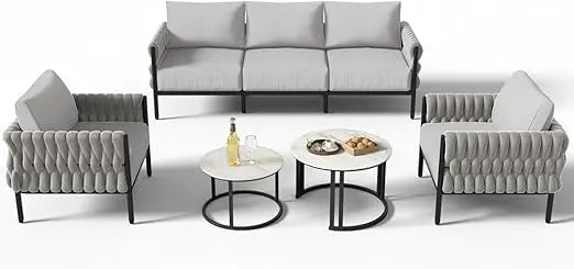 5-Piece Modern Metal Patio Furniture Set - Rope-Woven Outdoor Deep-Seat Conversation Sofa with 6.3" Thick Cushions & Dual Nestin