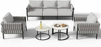 5-Piece Modern Metal Patio Furniture Set - Rope-Woven Outdoor Deep-Seat Conversation Sofa with 6.3" Thick Cushions & Dual Nestin