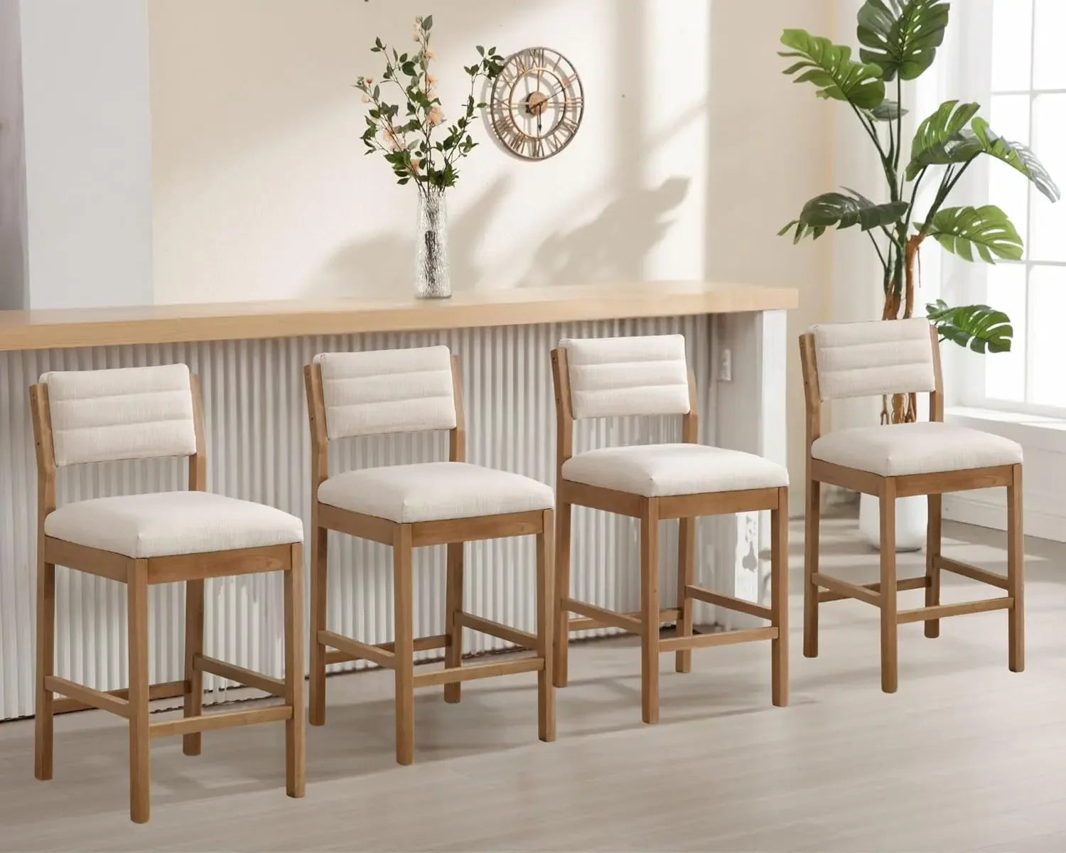 26.5" Tall Bar Stools Set of 4, Modern Counter Height with Backrests, Beige Linen Upholstered Chairs for Kitchen Island or Bar U