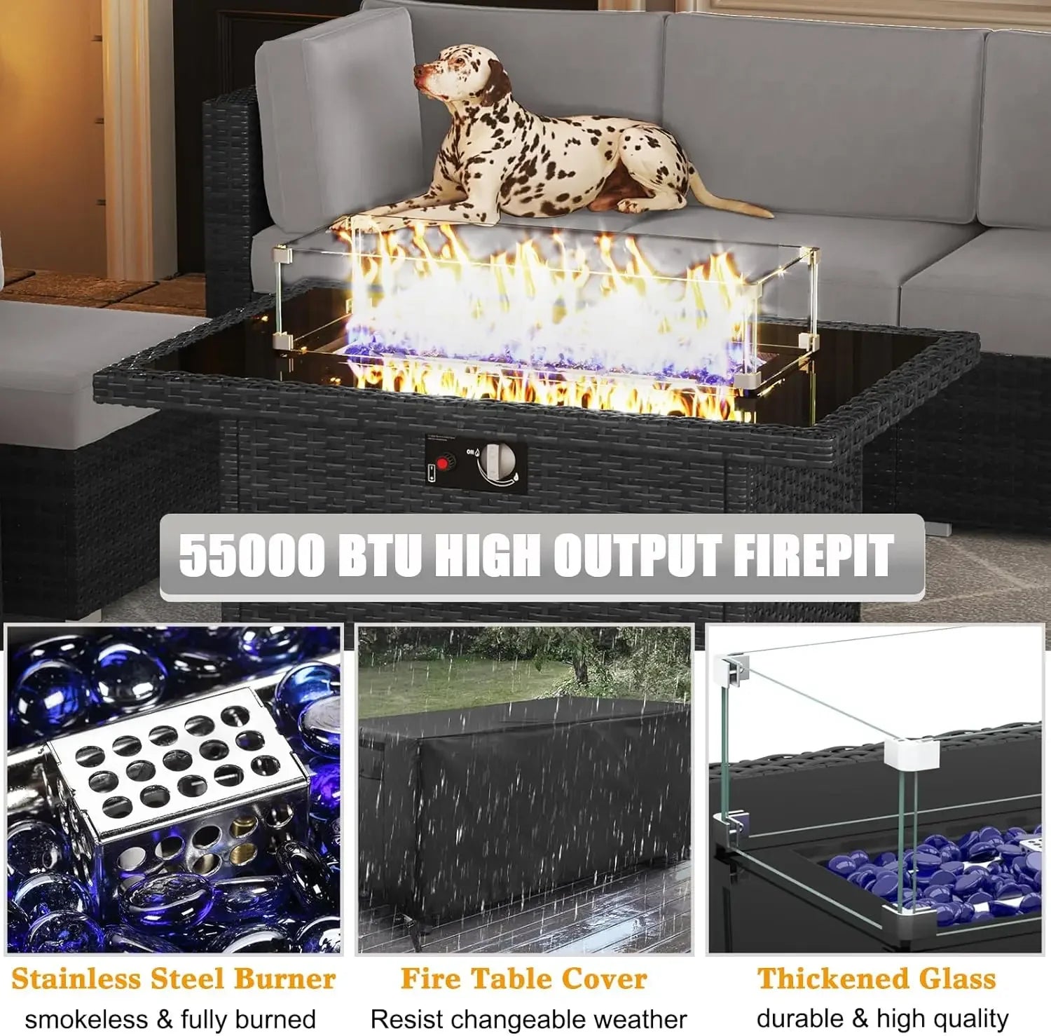 15 Piece Patio Furniture Set with Fire Pit Table, Outdoor Conversation Sets Wicker Rattan Sectional Sofa with Coffee Table