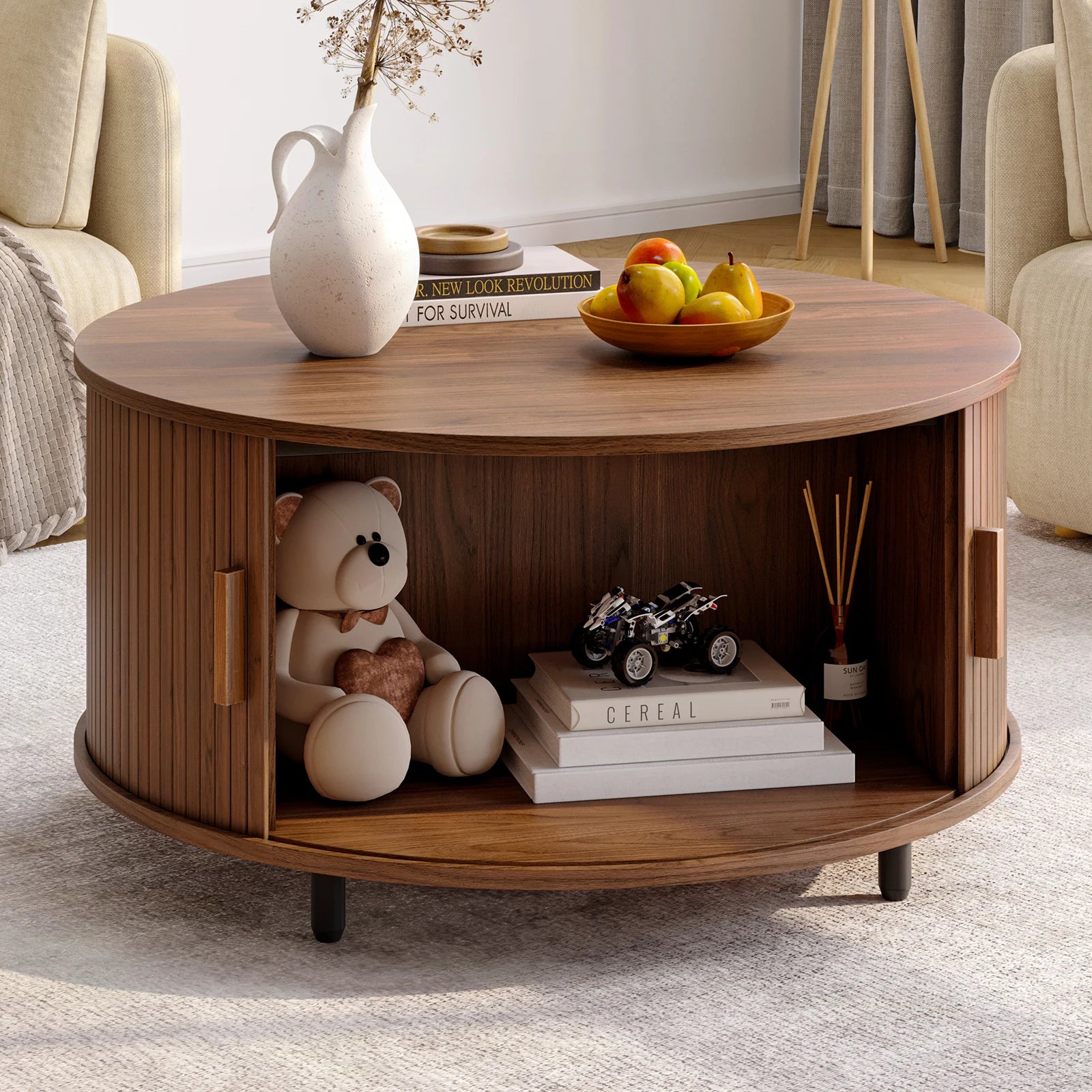 Casae Round Coffee Table With Storage 31.5 Modern Living Room Table With 360 Degree Curved Sliding Door Fluted Wood
