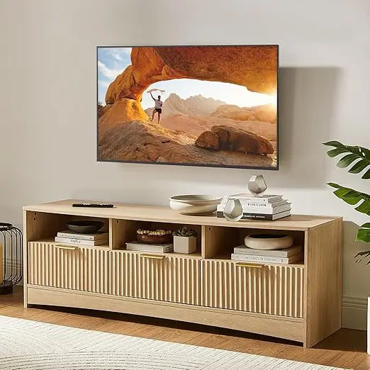 Amada TV Stand for 50-65 Inch TVs With Waveform Panel, 3 Drawers, and Open Storage