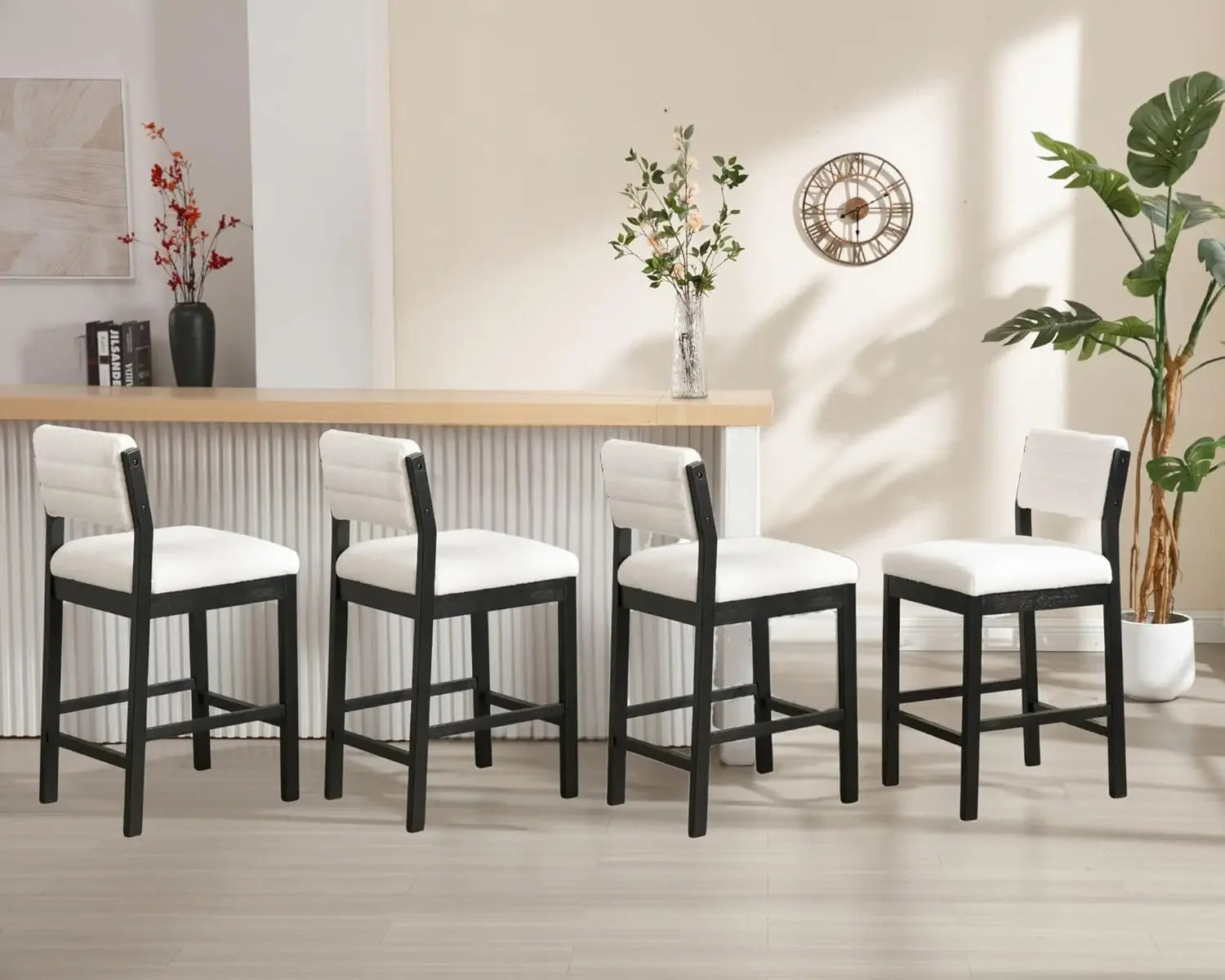 26.5" Tall Bar Stools Set of 4, Modern Counter Height with Backrests, Beige Linen Upholstered Chairs for Kitchen Island or Bar U