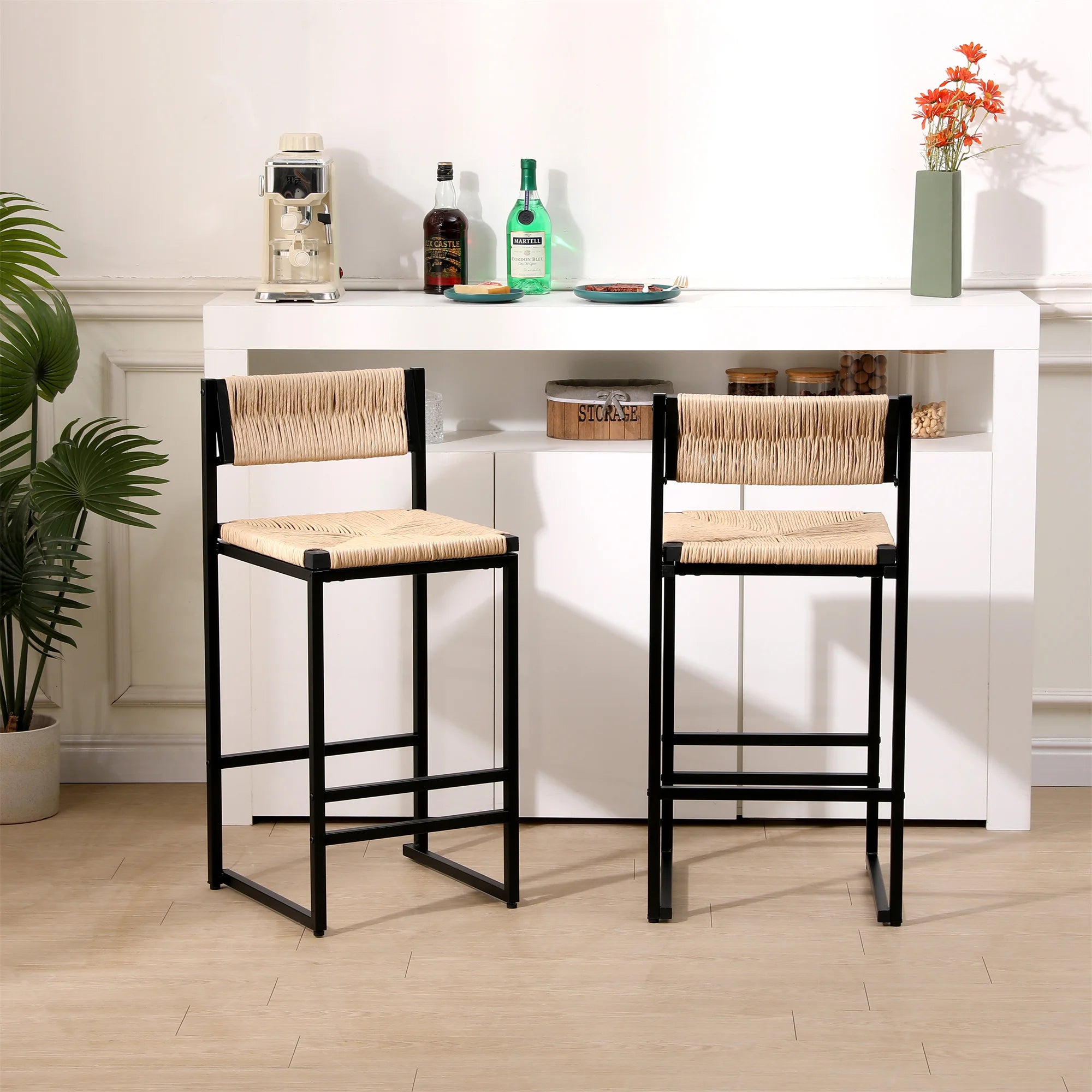 2pcs High Bar Stools Chairs Paper Rope Woven Barstools 220lbs Max Weighing Capacity for Kitchen Dining Room Coffee Shop